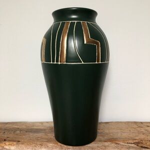 Vintage Art Deco Tall Dark Green Stoneware Vase